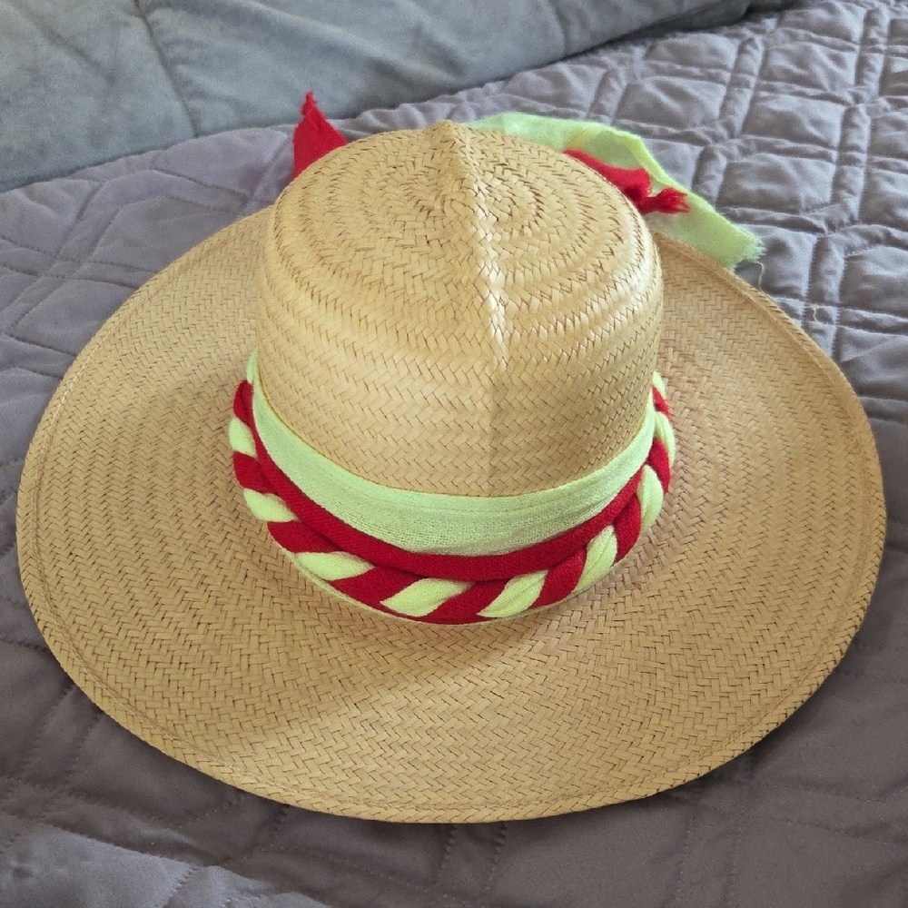 Stylish Tan Straw Hat with Red and Green Accents